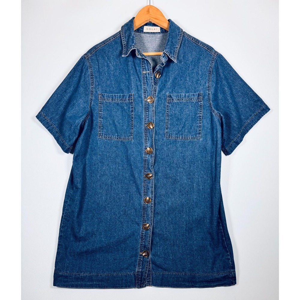 Solai Denim Shirt Dress Medium Blue Button Front Utility Coastal Casual Preppy